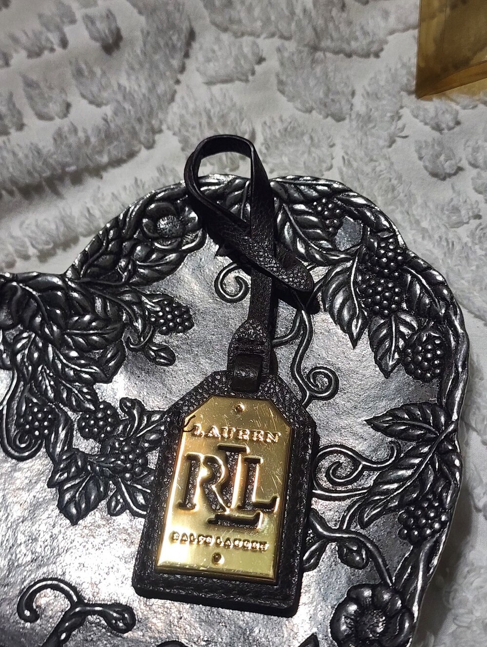 RALPH LAURENBLACK LEATHERGOLD BRASS METALKEY FOB BAG CHARM KEYCHAIN HANG - Picture 8 of 13